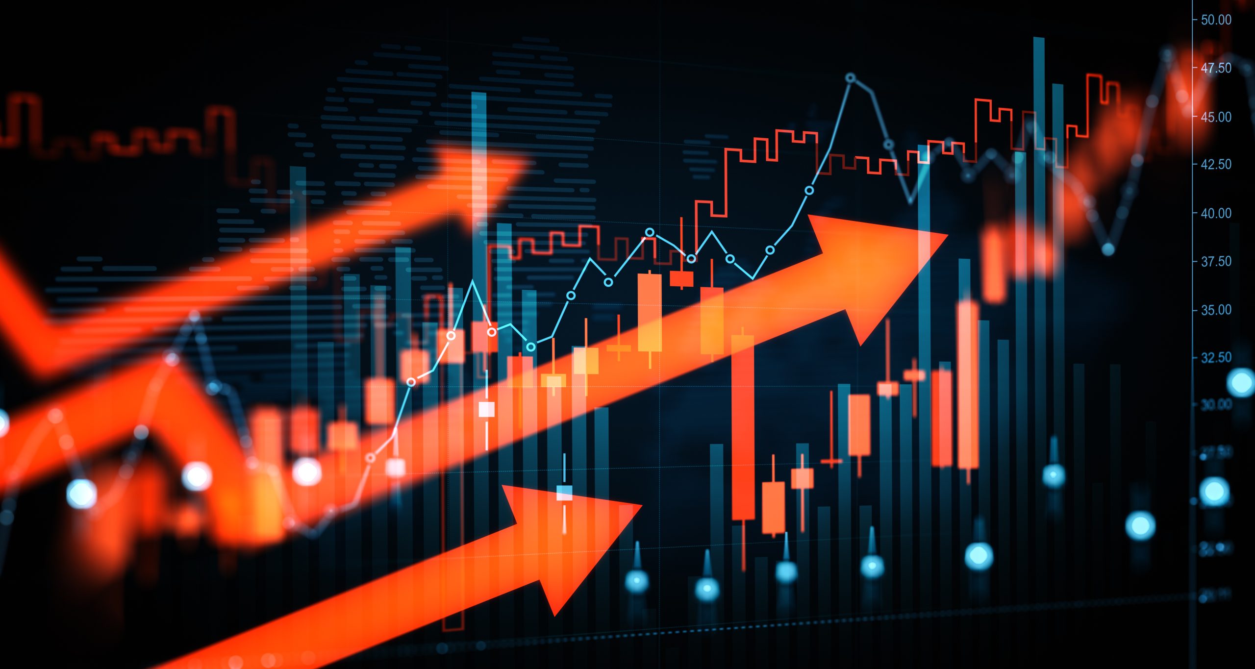 Financial trading chart with rising arrows in digital style on dark background, concept of market growth, investment and forex movement